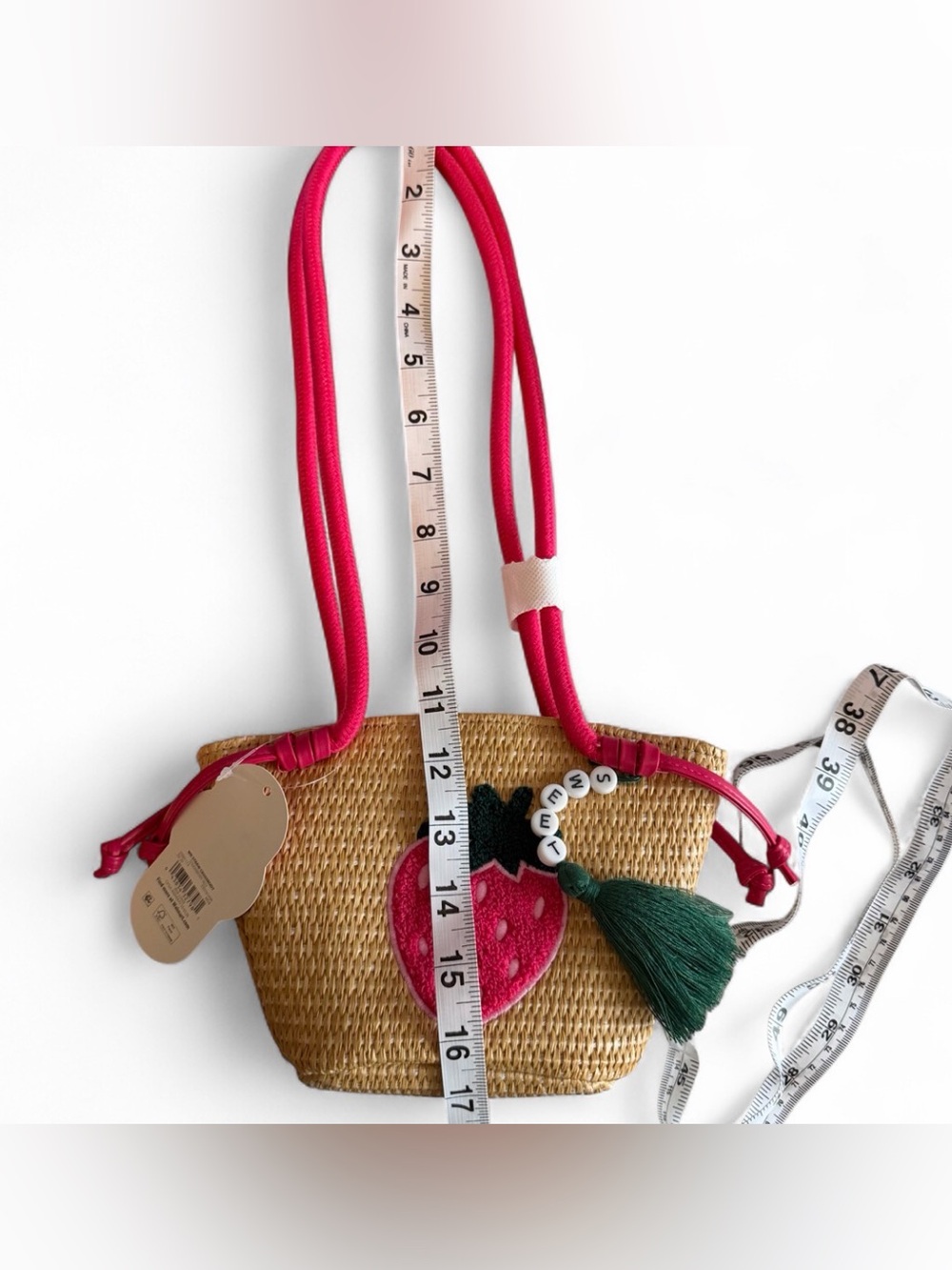 wonder nation Straw Strawberry Crossbody Bag with Pink Strap and Green Tassel